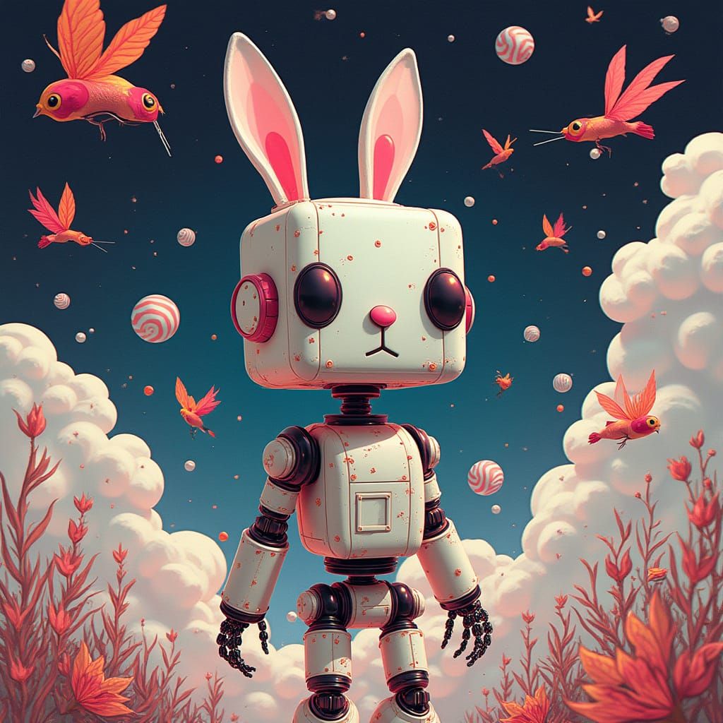 Cyberpunk Rabbit Robot with Mechanical Botanical Birds
