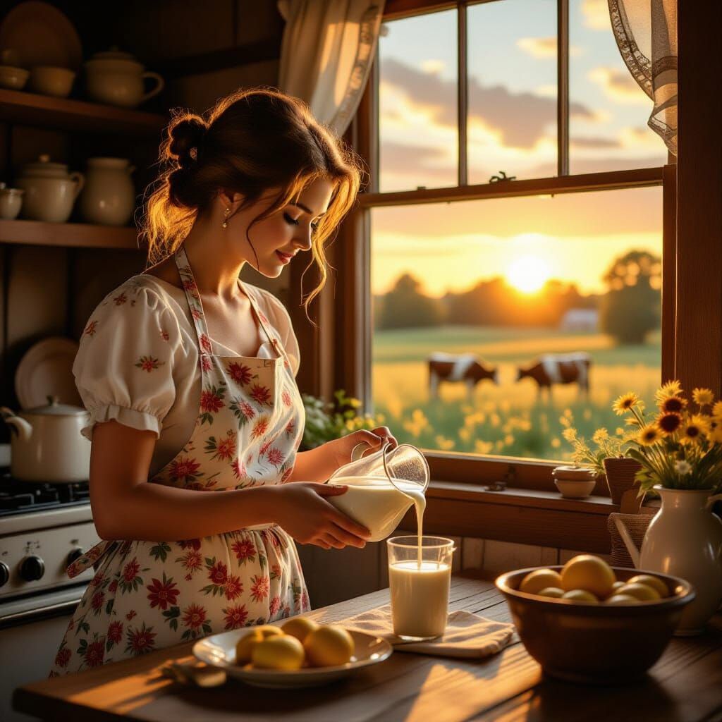 Nostalgic Housewife Pouring Milk: Photorealistic 19th Centur...