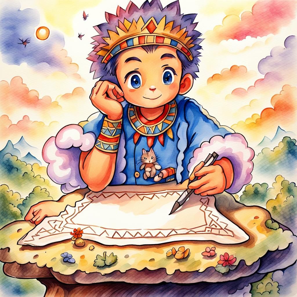 Aztec Man Drawing: A Delicate Watercolor Illustration