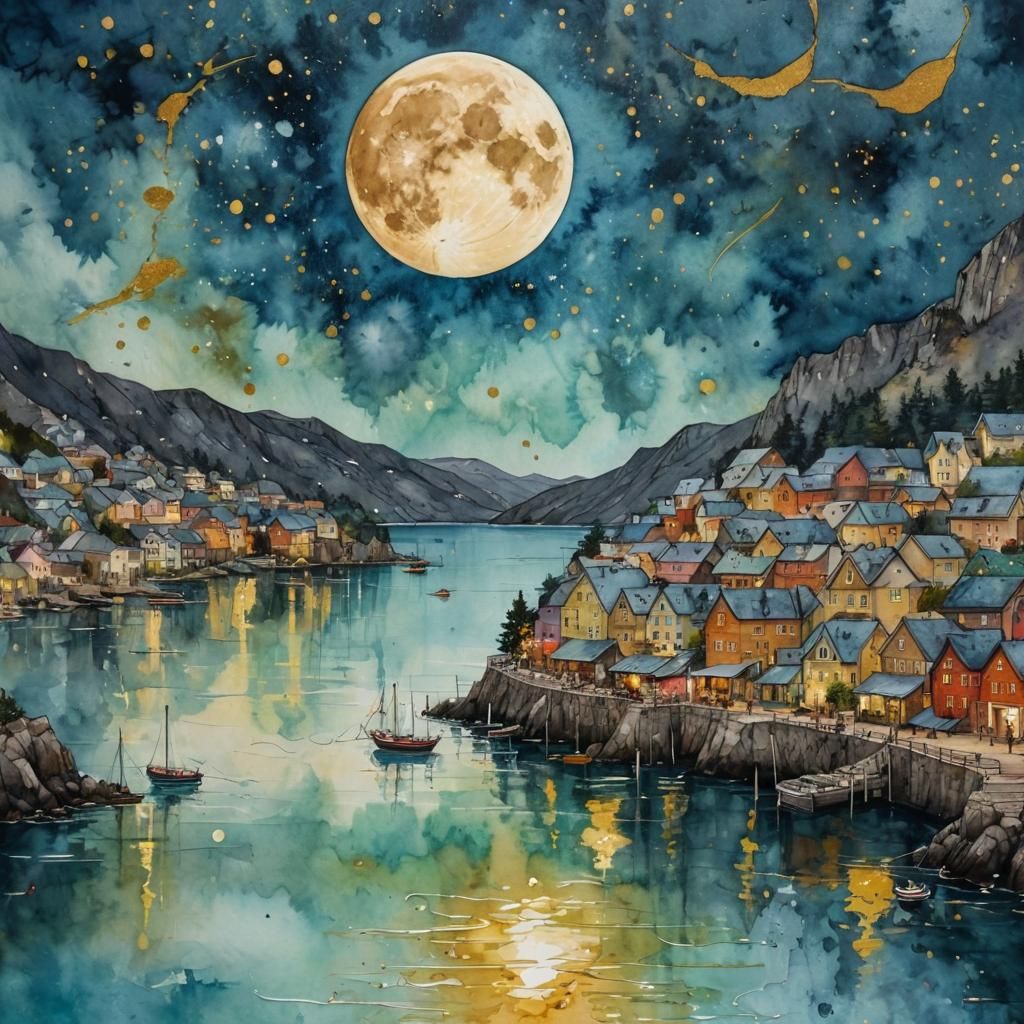 Harbor Village Under Moon in Alcohol-Ink Marbling