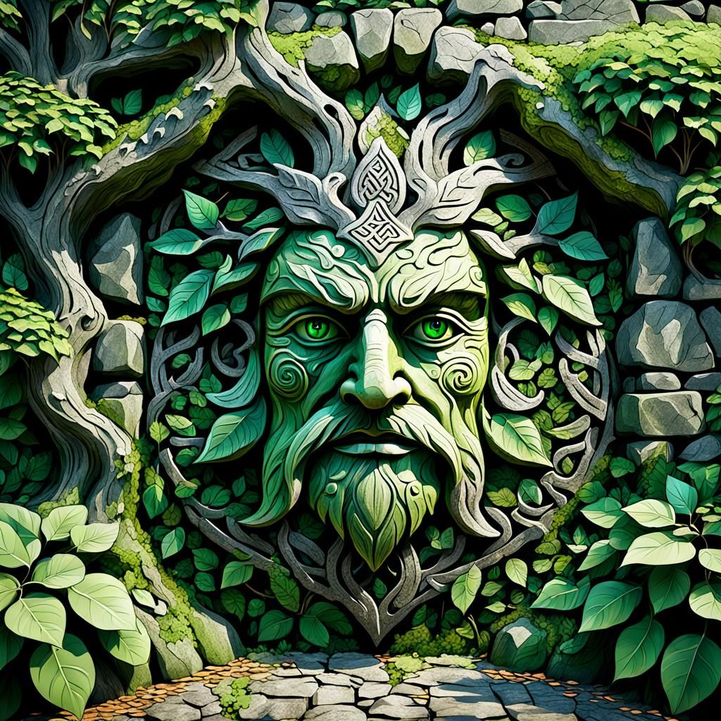 Celtic Green Man Tree and Rock Wall