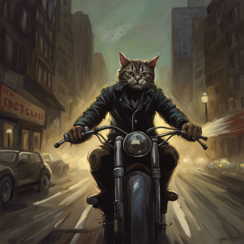 Sinister Cat Rides Motorcycle Through Detroit Streets