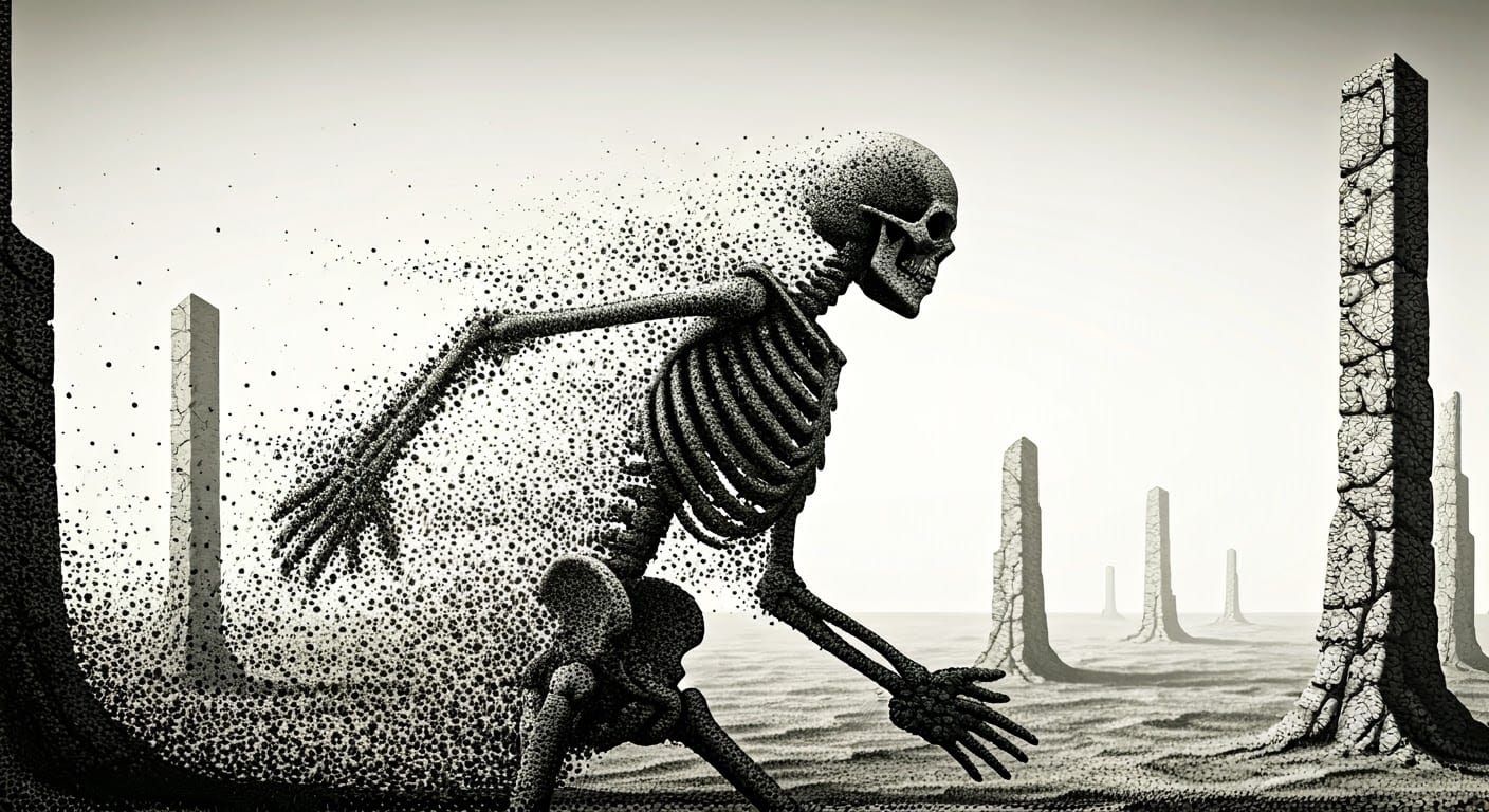 Pointillist Skeleton Disintegrating in Desert Wind