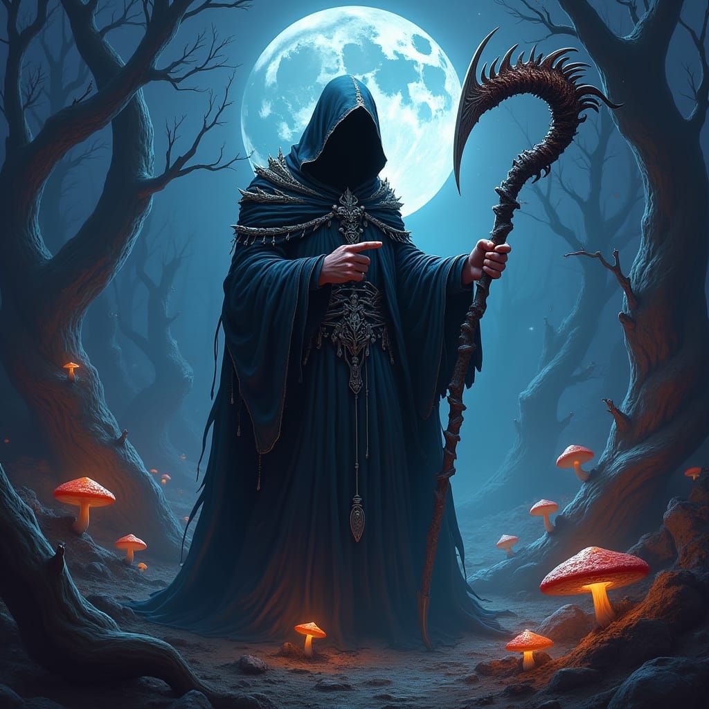 Majestic Death Figure in Moonlit Landscape
