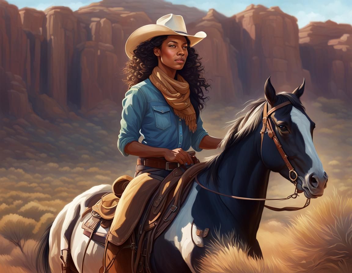 Confident Biracial Woman on Horse in Western Desert