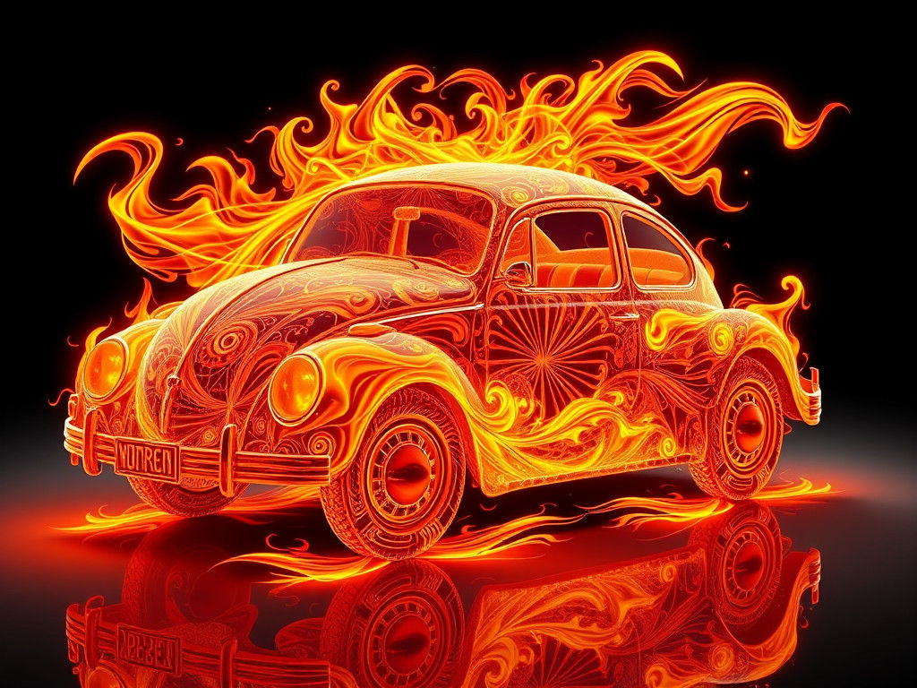 Fiery Volkswagen Beetle with Fractal Patterns