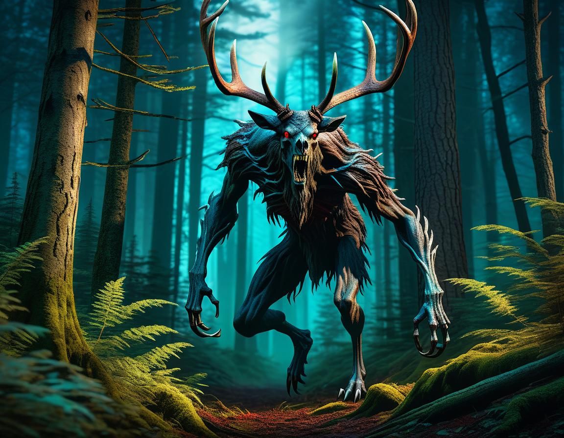 Hyperrealistic Wendigo Stalking Victim in Forest