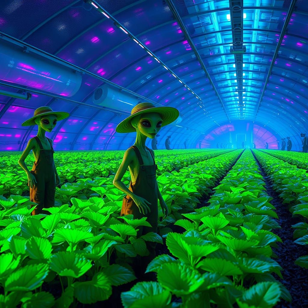 Aliens Tend Futuristic Farm in Neon-Lit Landscape
