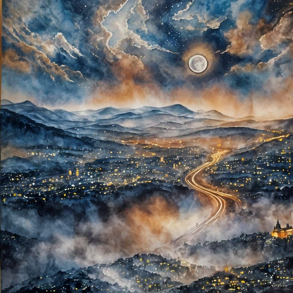 Volcanic Eruption Ink Painting in Dark Fantasy Style