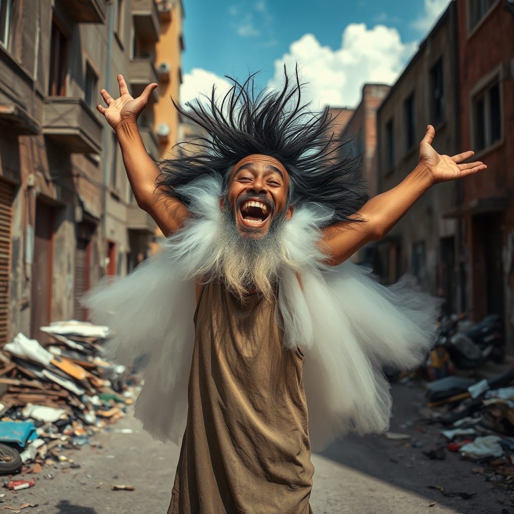 Joyful Cloud Triumphs in Gritty Urban Landscape