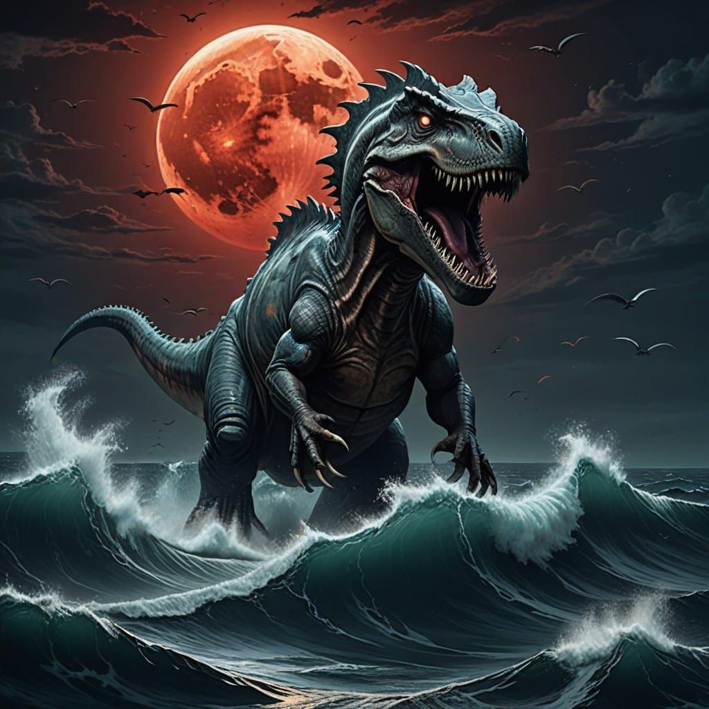 Menacing Aquatic Dinosaur Under Blood Moon