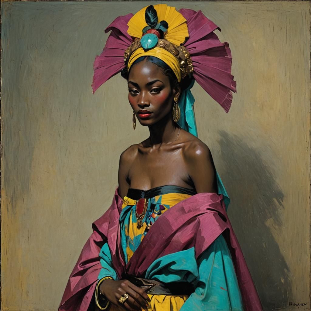 Elegant Black Girl with Bronze Headdress in Post-Impressioni...