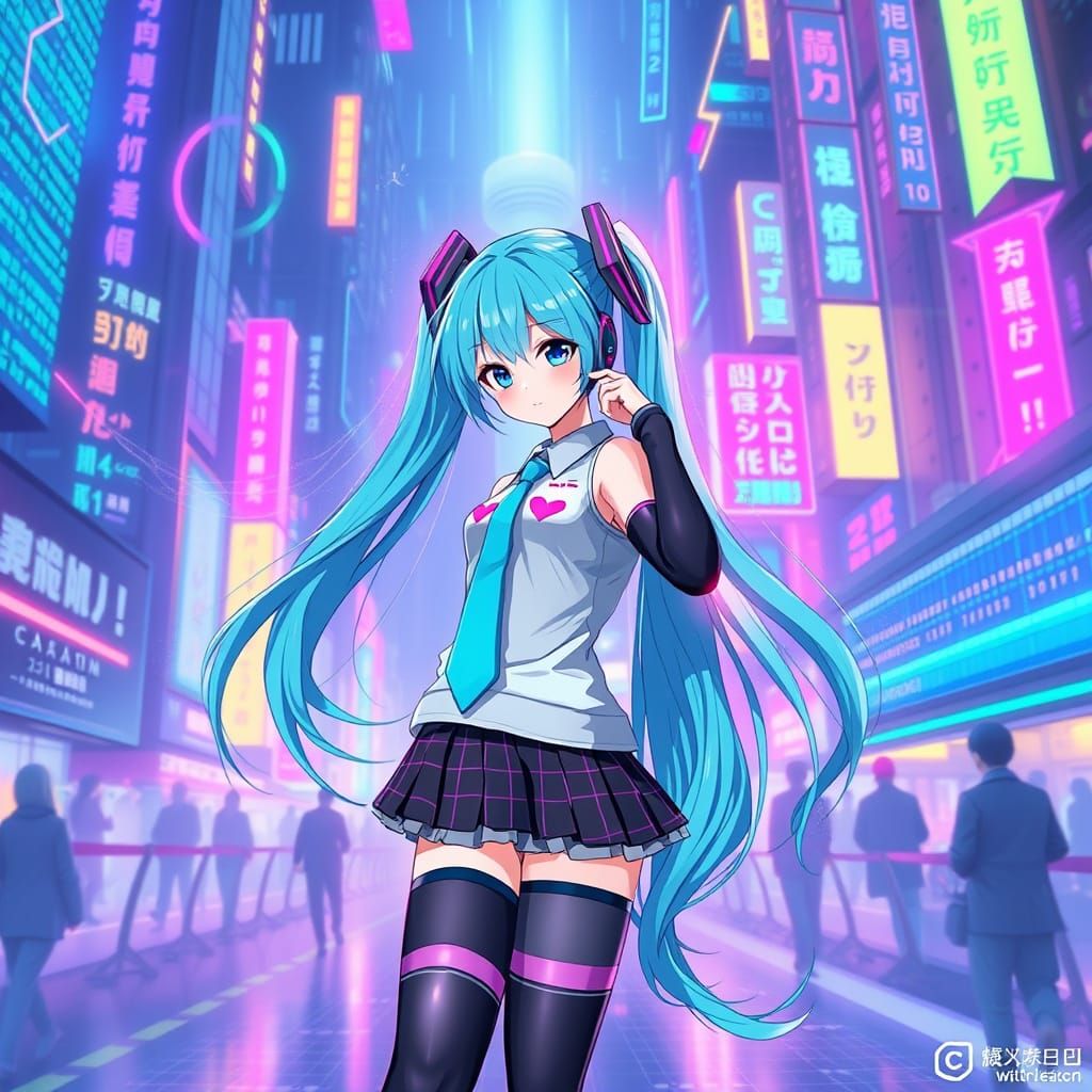 Hatsune Miku in Cyberpunk Neon Cityscape