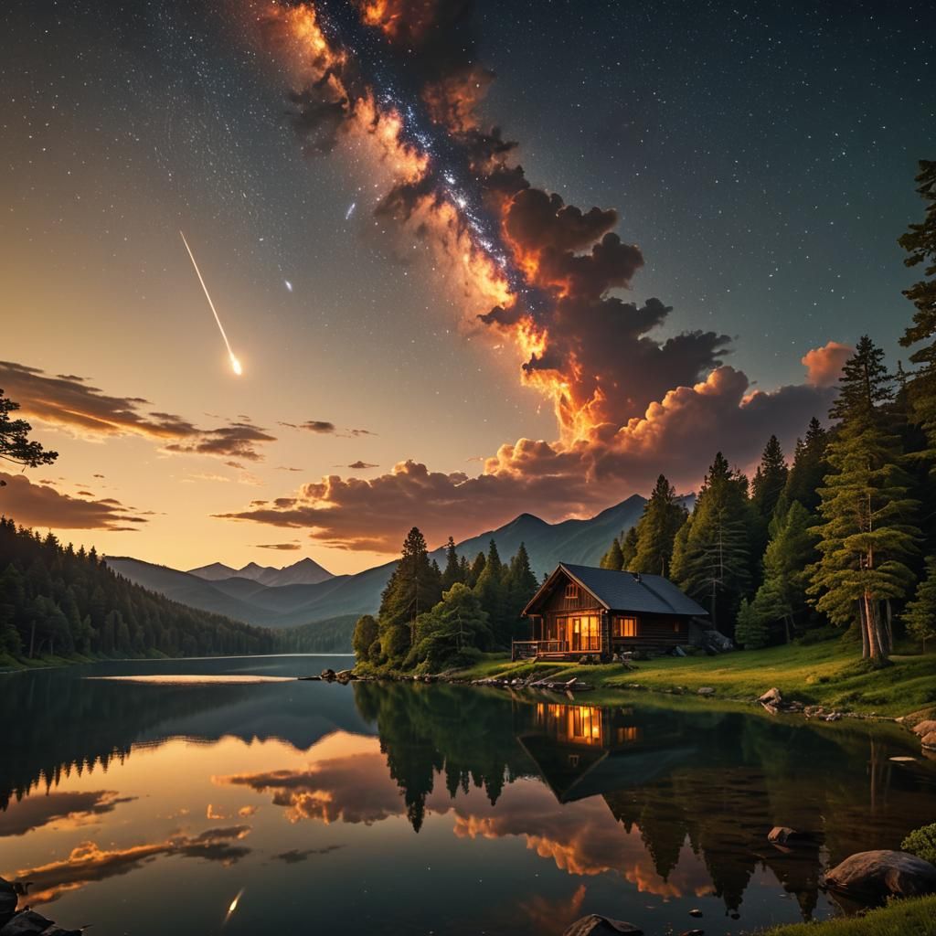 Majestic Meteor Descends on Mountain Cabin at Sunrise