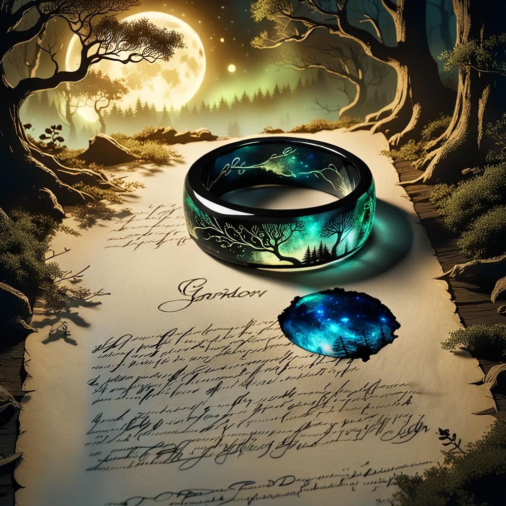 Elven Ring with Luminescent Glow on Parchment