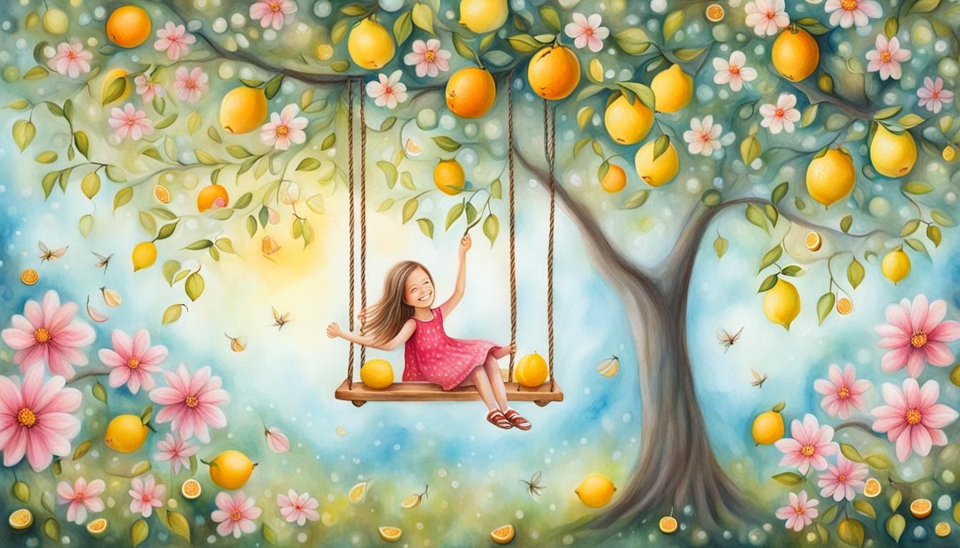 Girl on Swing in Citrus Tree, Whimsical Painting