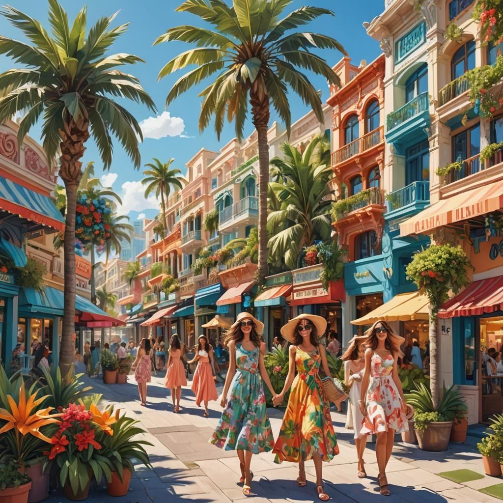 Colorful Shopping District with Palm Trees in Fantasy Style
