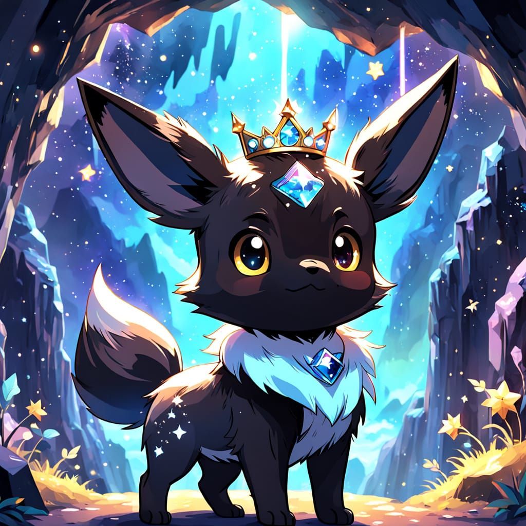 Black Eevee in Starry Cave: Vibrant Anime Digital Art