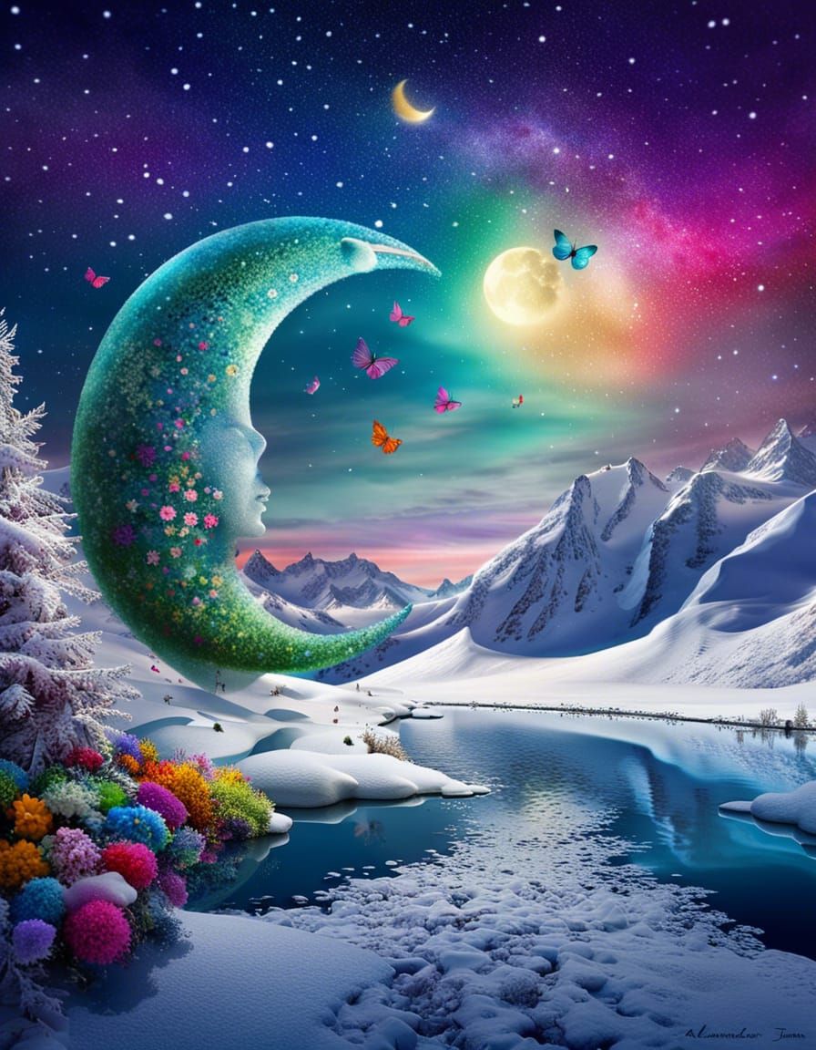 Colorful Snow Crescent Moon in Winter Wonderland