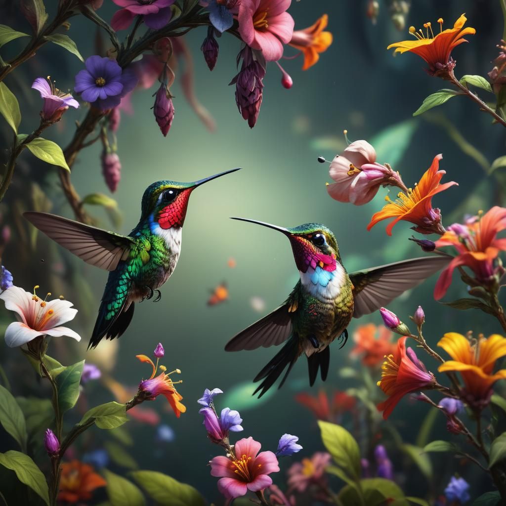Hummingbird and Bugs Sip Nectar in Fantastical Matte Paintin...