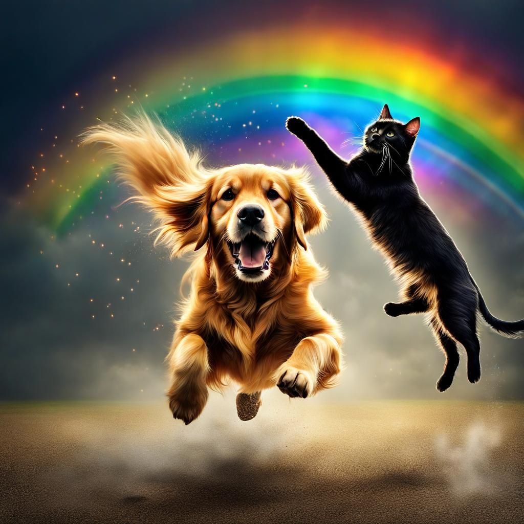 Golden Retriever and Kitten Rainbow Jump, Hyperrealistic