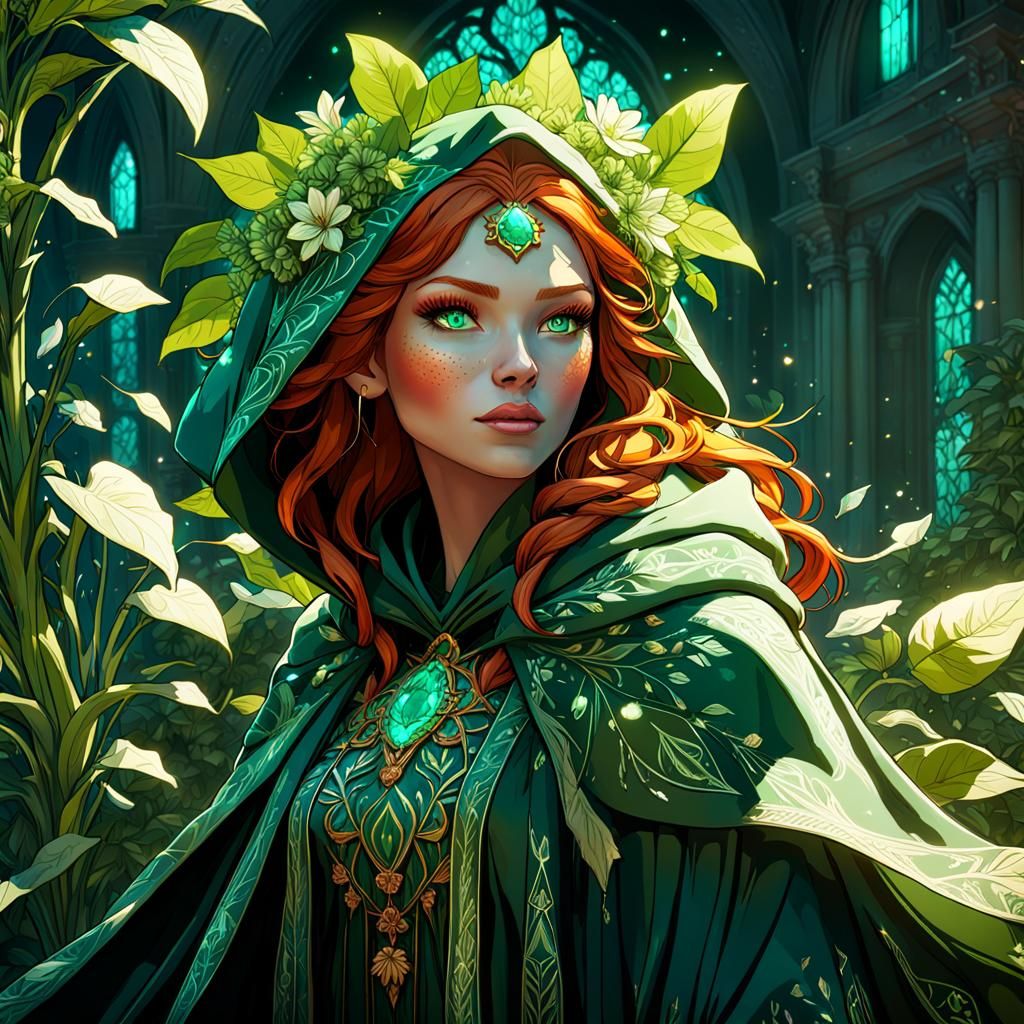 Enchanting Redhead in Plant Cloak, Fantasy Art