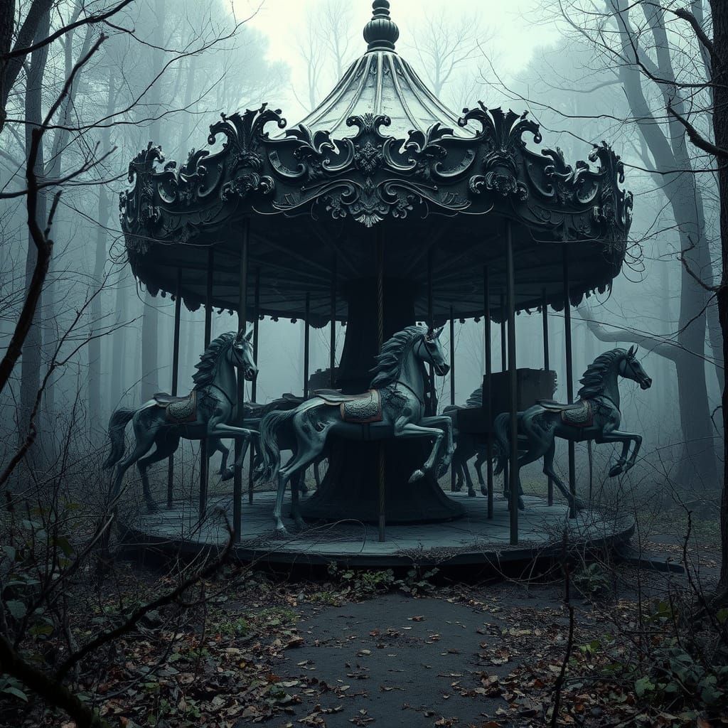 Eerie Abandoned Carousel in Misty Forest