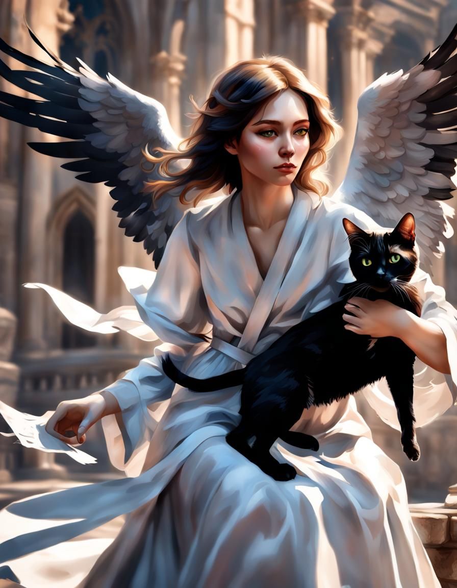 Fallen Angel with Black Wings Holding Cat