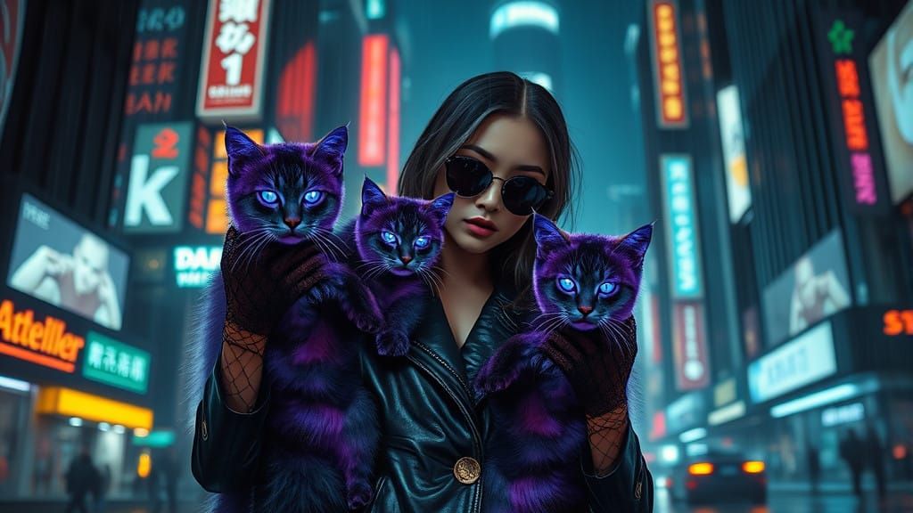 Cyberpunk Woman and Cats in Holographic Cityscape
