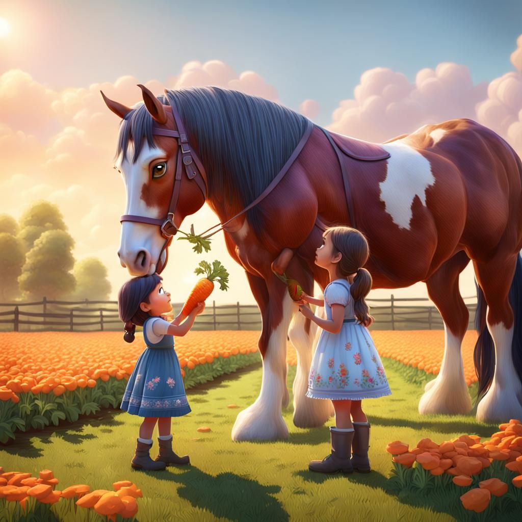 Girl Feeds Clydesdale Horse: Pixar-Style 3D Art