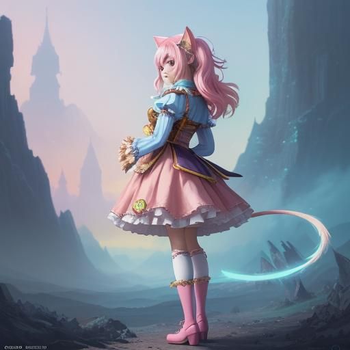Anime Cat Girl in Whimsical Fantasy Setting