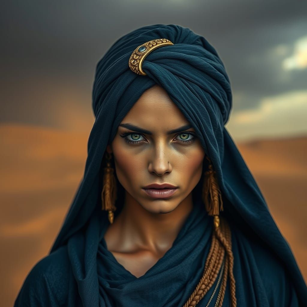 Nomad Woman Faces Desert Sandstorm