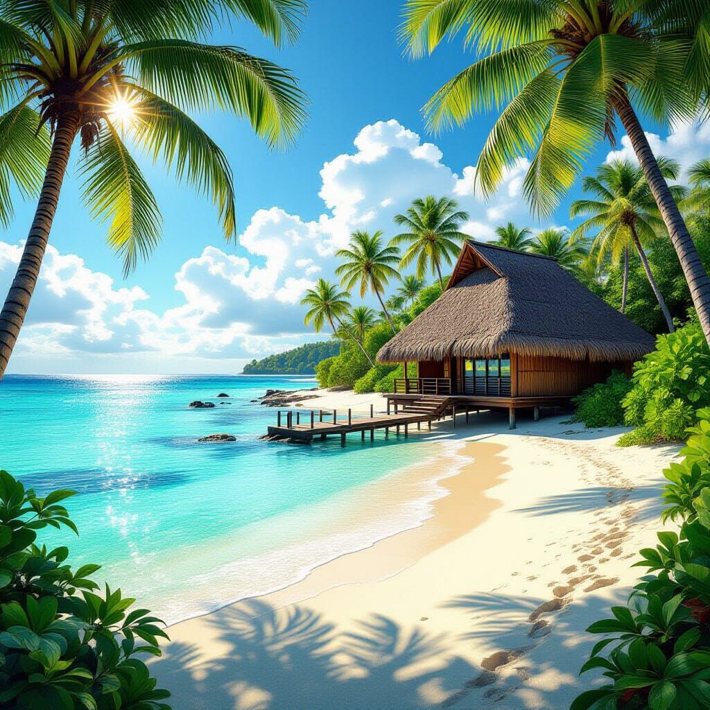 Tropical Beach Tiki House at Golden Hour