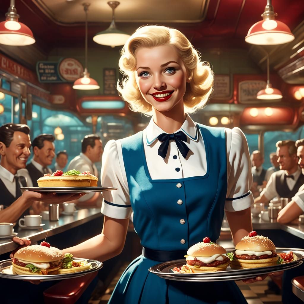 1950s Diner: Happy Waitress in Art Nouveau Style