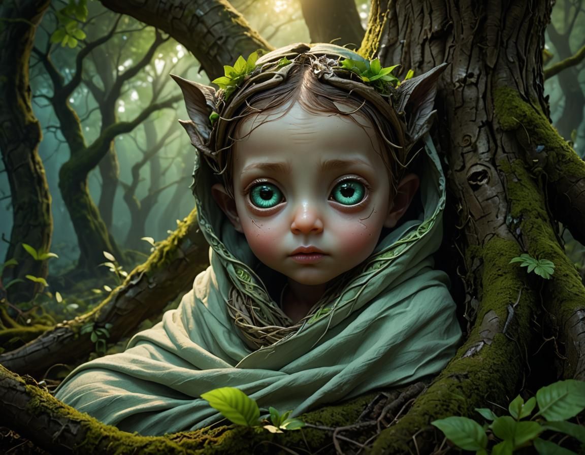 Eerie-Eyed Newborn Changeling in Whimsical Style