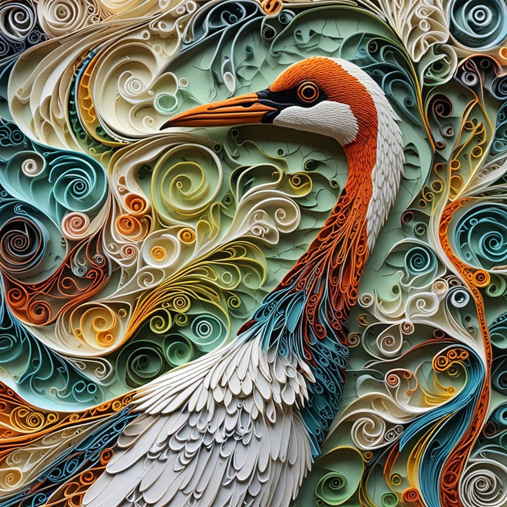 Elegant Whooping Crane Profile in Quilling Paper Relief