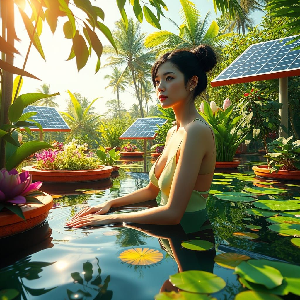 Serene Woman in Futuristic Eco-Pond Art
