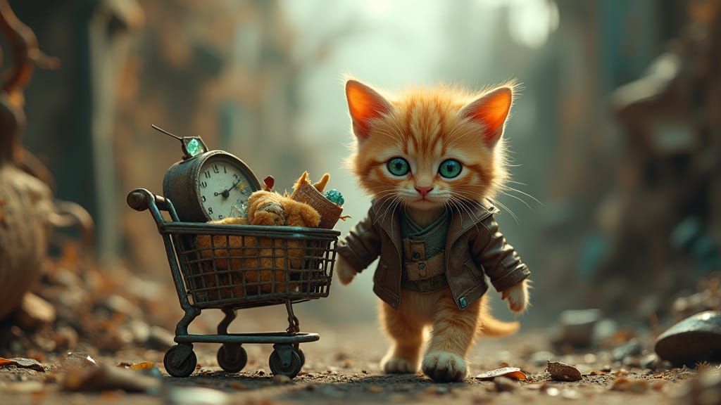 Tiny Kitten Explores Dystopian Junkyard with Treasure-Filled...