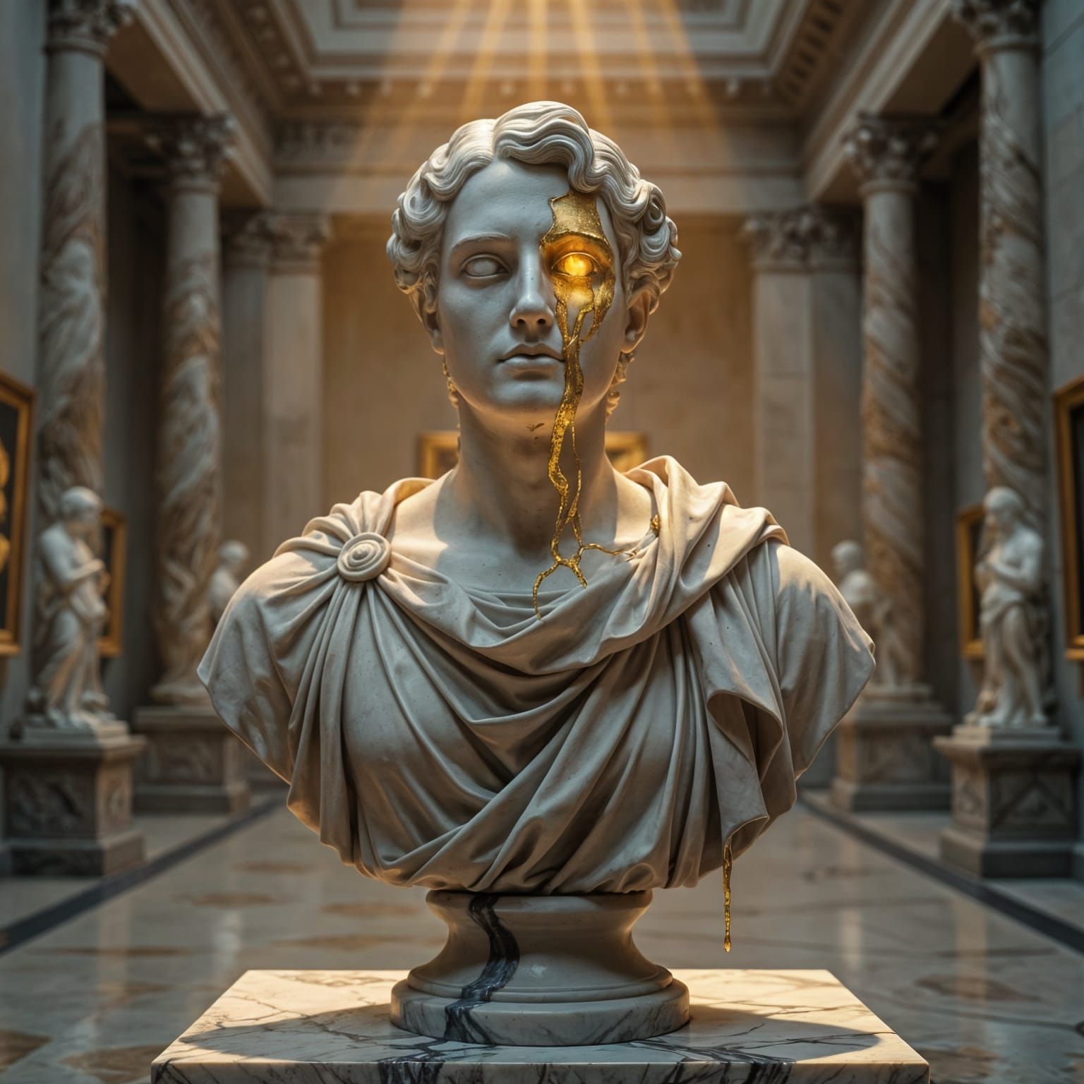 Melting Marble Bust in Museum Hall