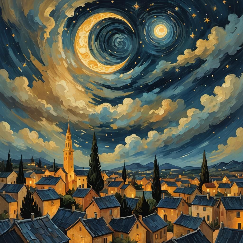 "Village at night" by AI van Gogh