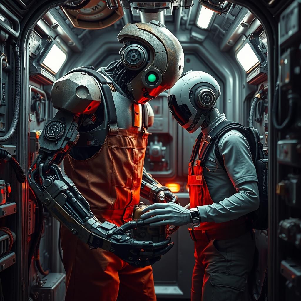 Sci-Fi Robot and Android Repairing Spaceship, Hyperrealistic