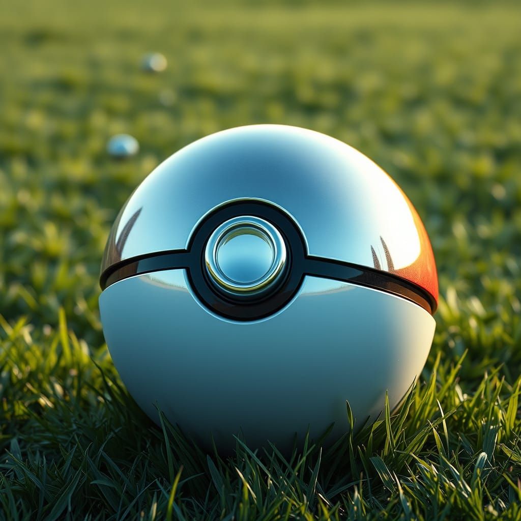 Futuristic Metallic Pokeball on Grassy Field