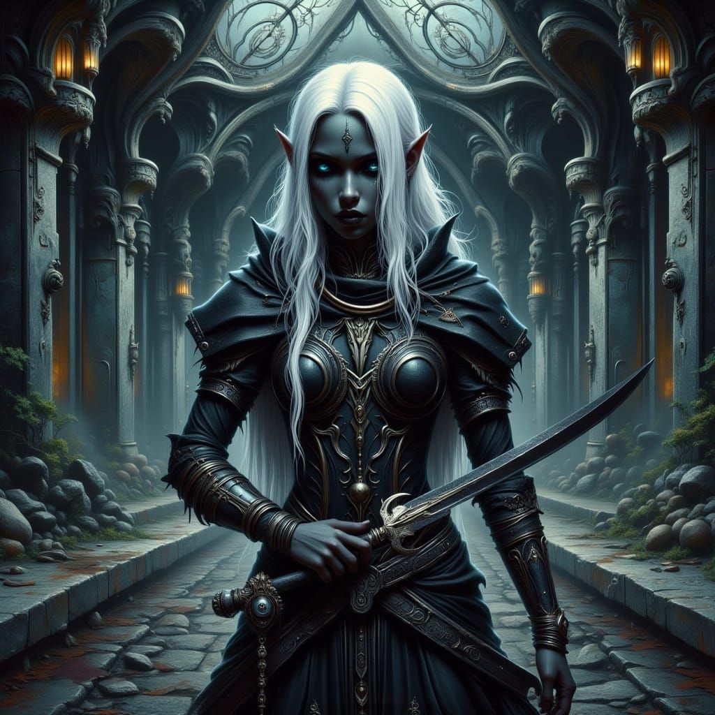 Drow Elf Maiden with Dagger in Underground Complex