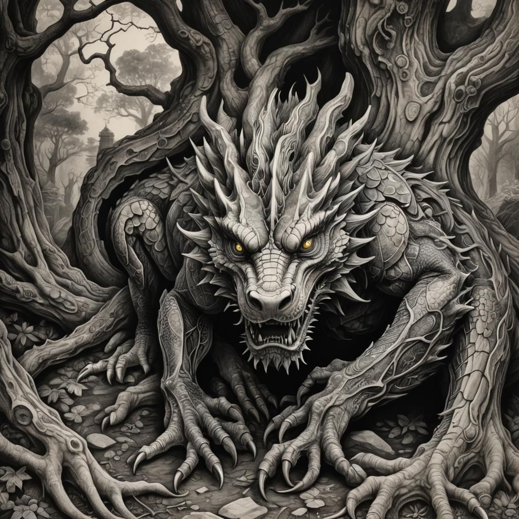 Detailed Stone Dragon Charcoal Drawing