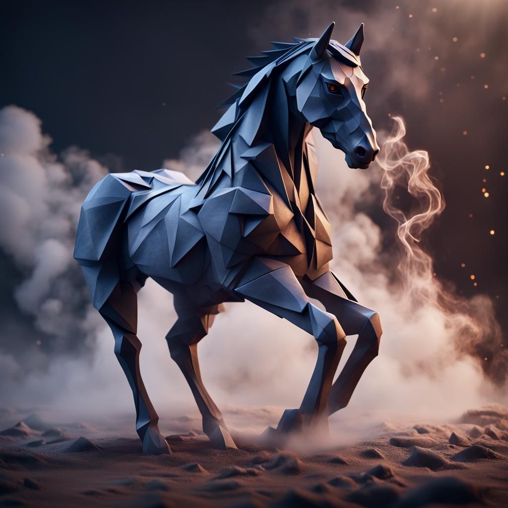 Detailed Origami Horse in Smoke: Fantasy Art