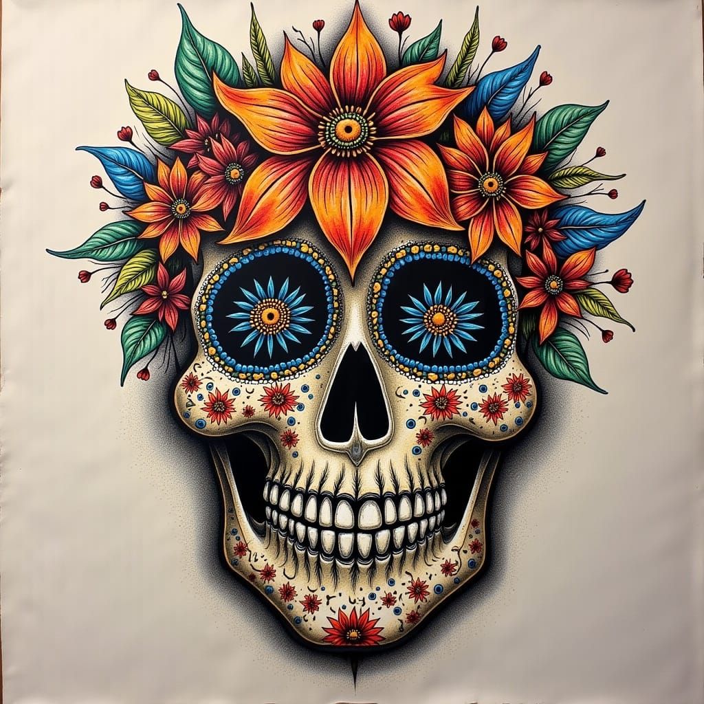 Tribal Skull Sketch with Floral Eyes