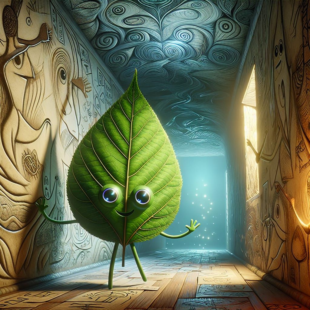 Whimsical Anthropomorphic Leaf in Tunnel, Detailed Matte Pai...