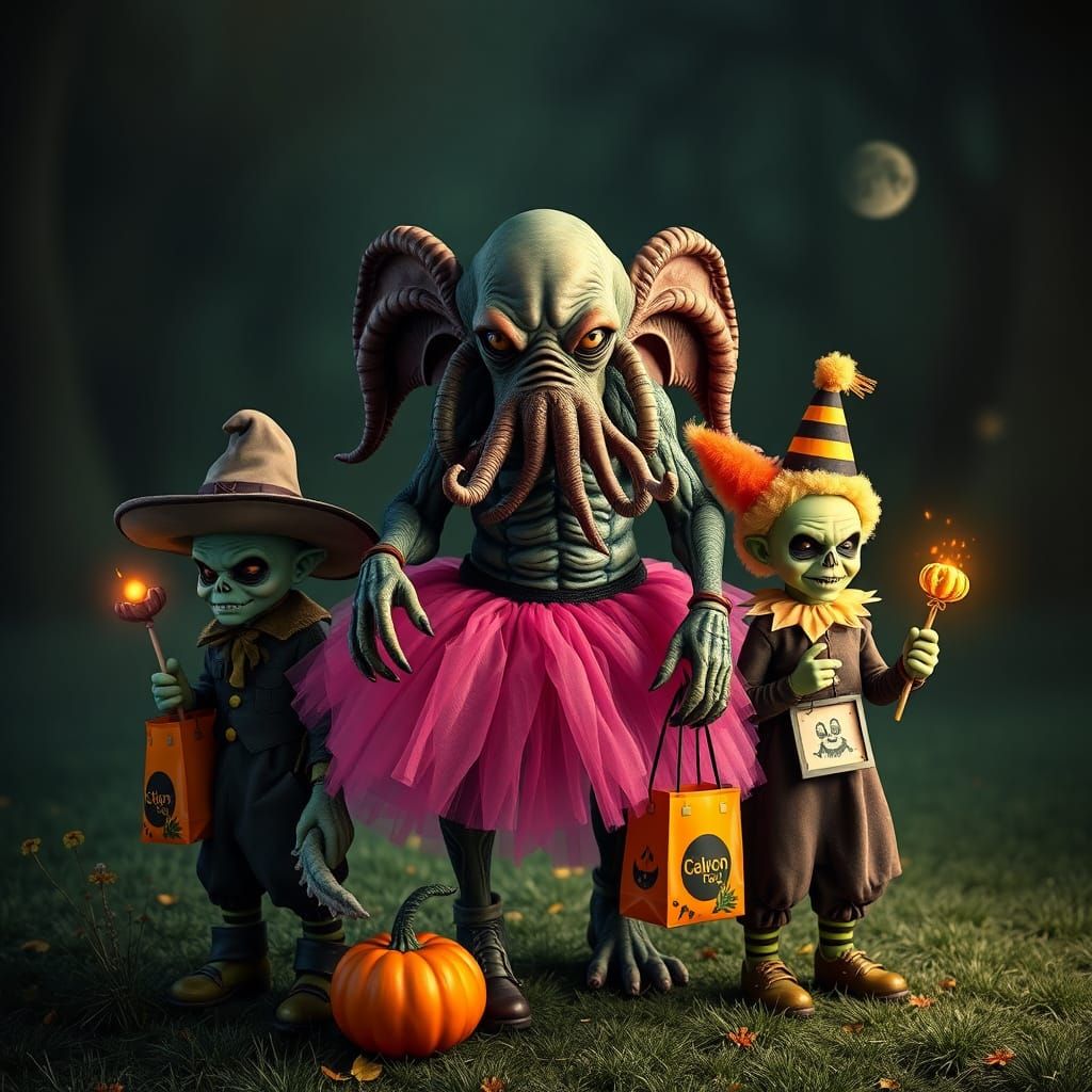 Cthulhu Family Trick-or-Treating in Halloween Costumes