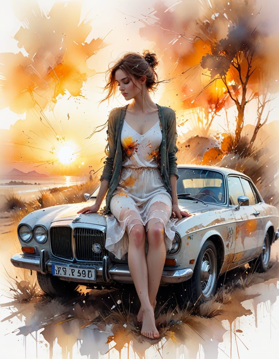 Sunset Summerscape in Watercolor Style