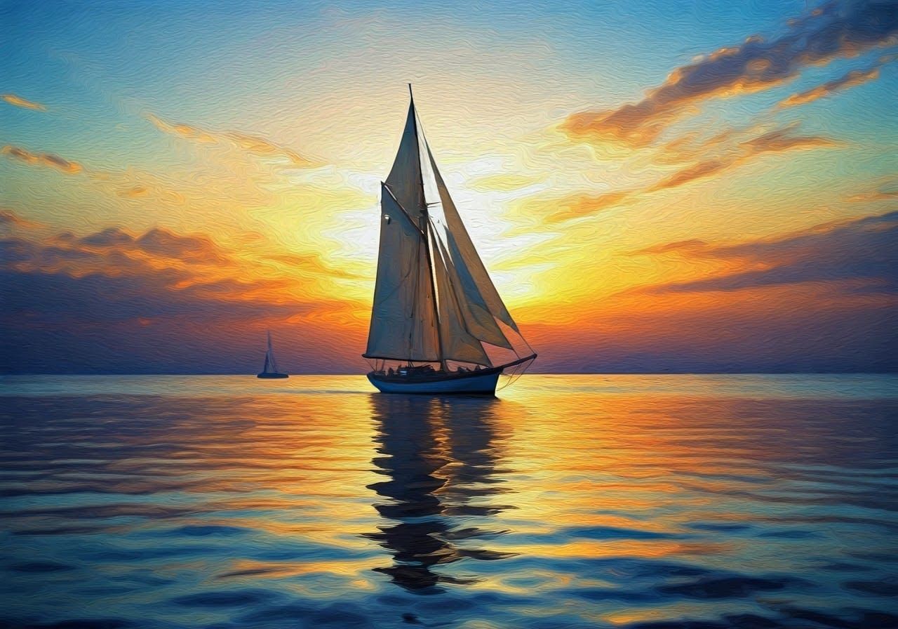Impressionist Seascape Painting of Yacht at Sunrise